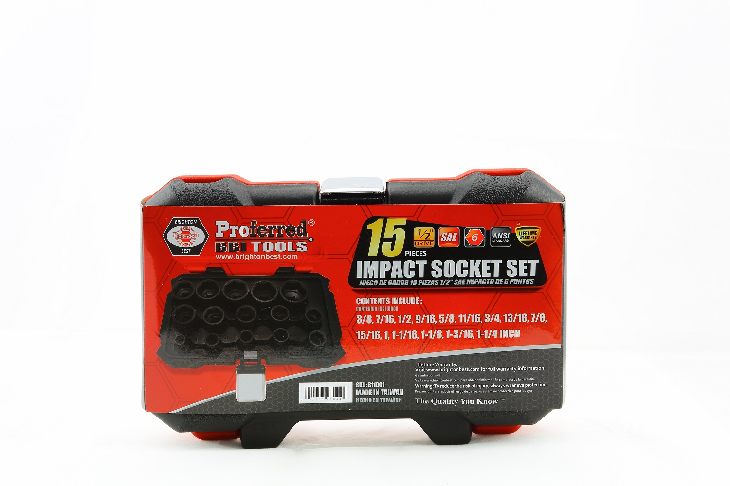 PROFERRED IMPACT SOCKET SET SAE 1/2'' DRIVE 6 POINT 15 PIECE